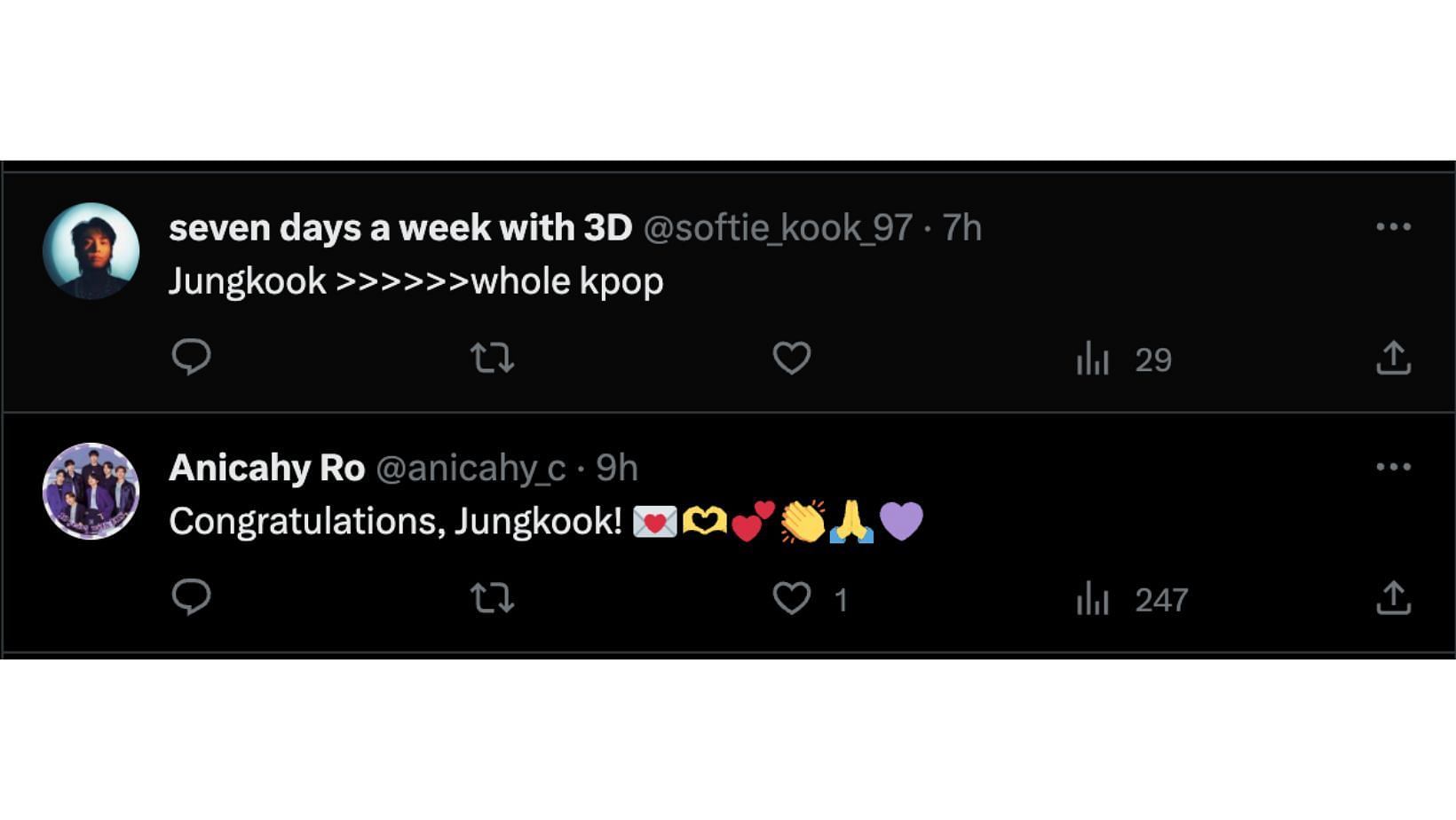 Fans praise the BTS idol for his new feat. (Image via Twitter/@softie_kook_97 and @anicahy_c)